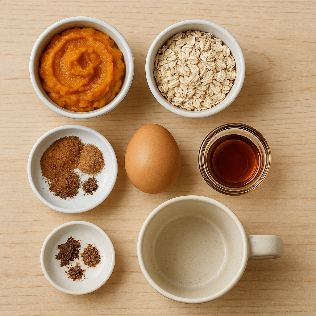 Ingredients for pumpkin spice breakfast mug on light wood