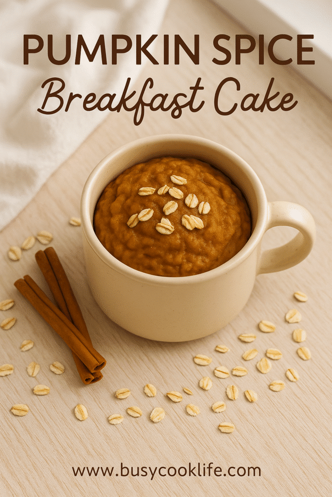Pinterest image of pumpkin spice breakfast mug with cozy fall styling