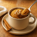 Spoonful of pumpkin spice breakfast mug fresh from microwave