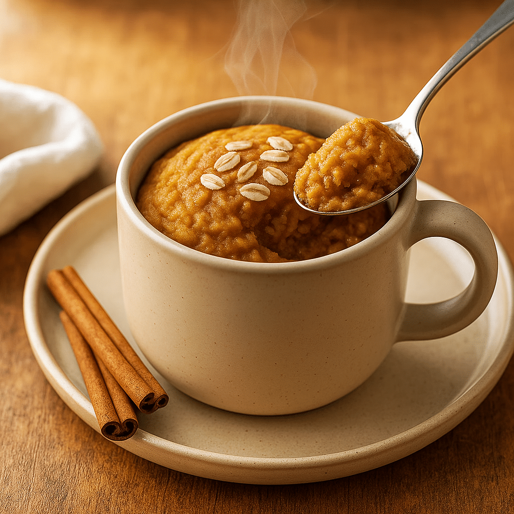 Spoonful of pumpkin spice breakfast mug fresh from microwave