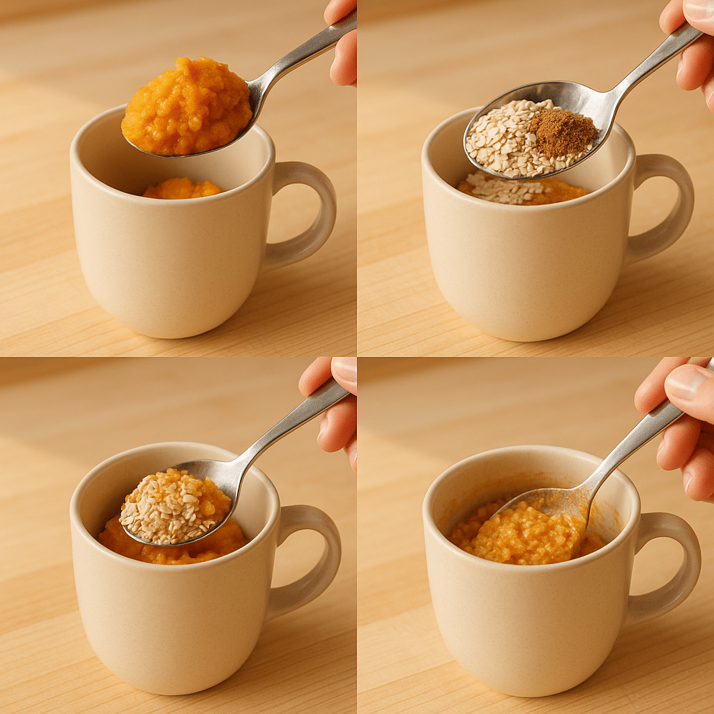 Mixing pumpkin and oats in a mug for breakfast recipe