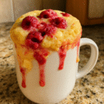 Raspberry White Chocolate Mug Cake in a mug on a countertop