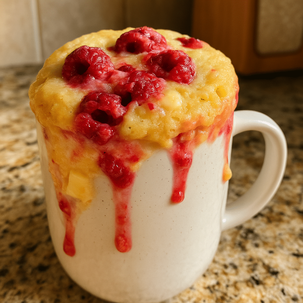 Raspberry White Chocolate Mug Cake in a mug on a countertop