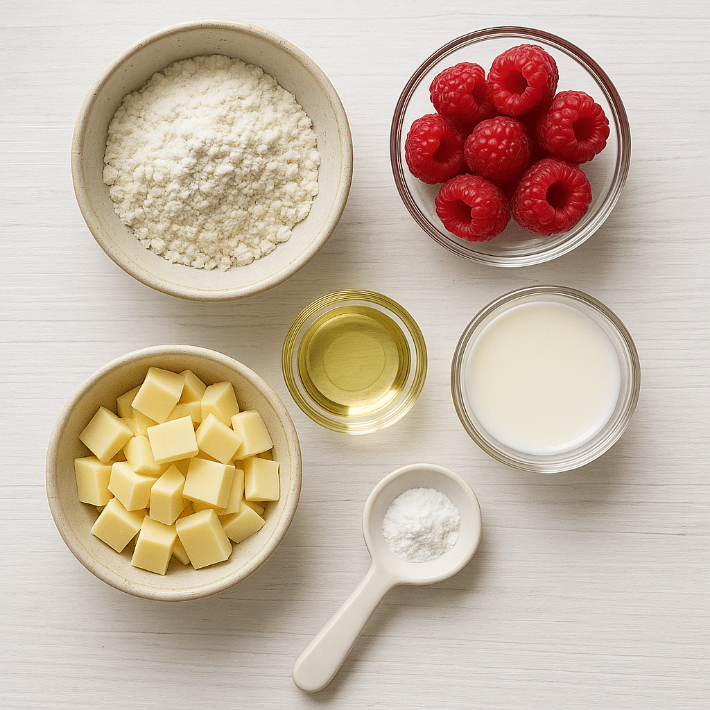 Raspberry White Chocolate Mug Cake ingredients on table
