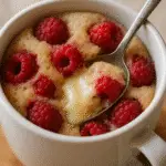 Gooey Raspberry White Chocolate Mug Cake being served
