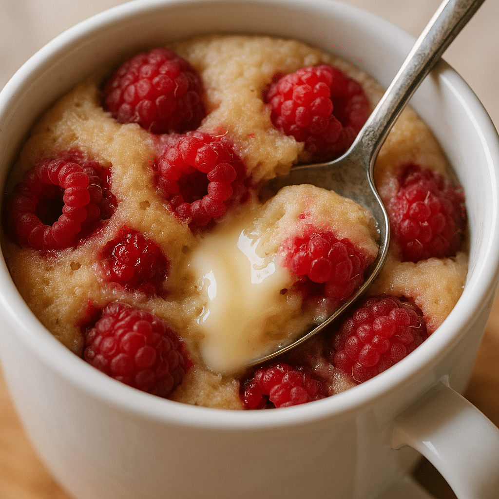 Gooey Raspberry White Chocolate Mug Cake being served