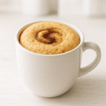 Snickerdoodle mug cake served in a white mug with cinnamon swirl