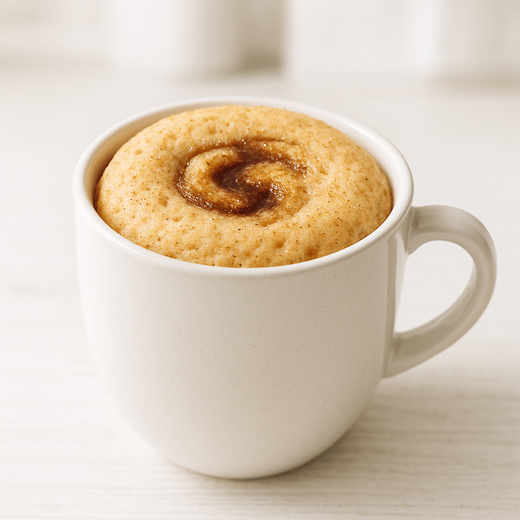 Snickerdoodle mug cake served in a white mug with cinnamon swirl