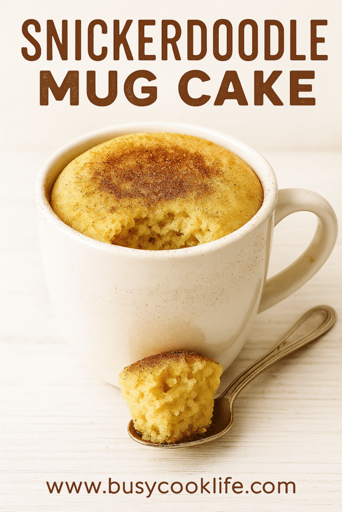 Snickerdoodle mug cake styled for Pinterest with website branding