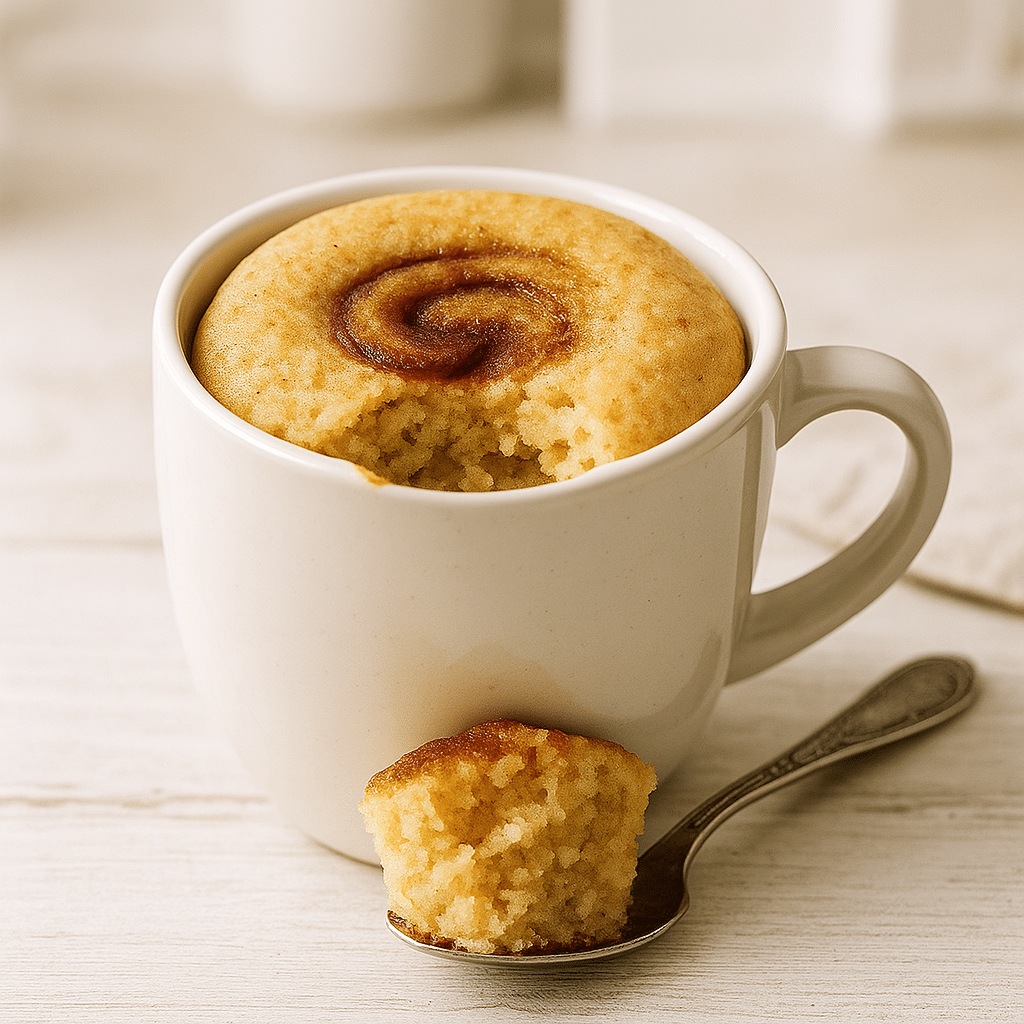 Warm snickerdoodle mug cake served fresh with cinnamon topping