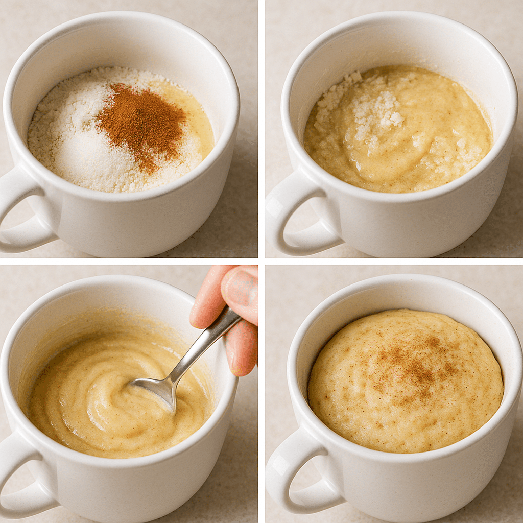 Mixing a snickerdoodle mug cake batter in a white mug