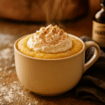 Perfect sugar cookie mug cake with golden surface in ceramic mug