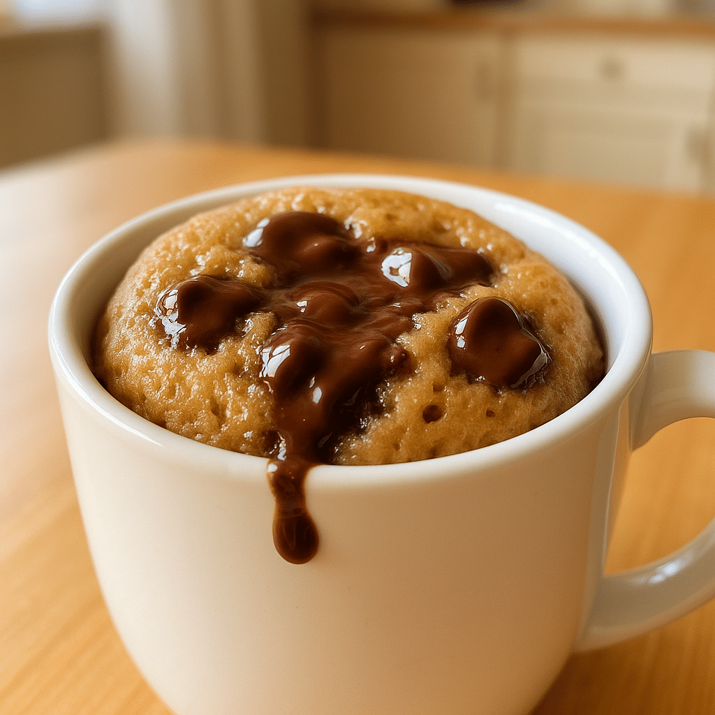 sugar-free mug cake in white ceramic mug freshly microwaved