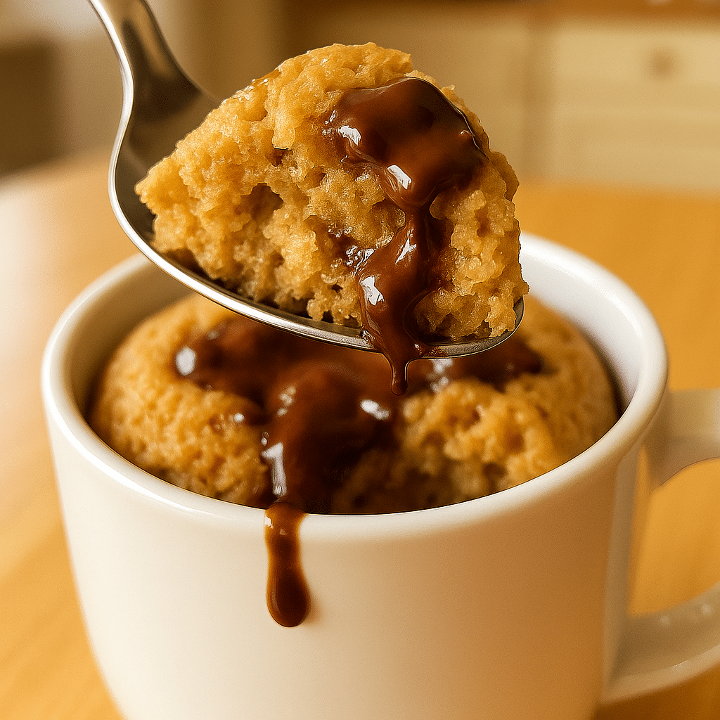 spoon lifting fluffy bite of sugar-free mug cake from mug
