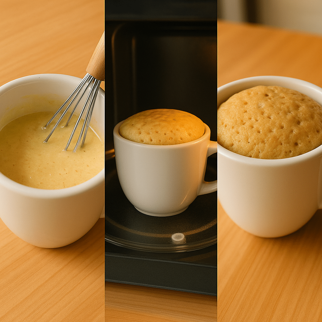 step-by-step preparation of sugar-free mug cake in mug