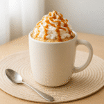 Tres leches mug cake in a ceramic mug with caramel and whipped cream