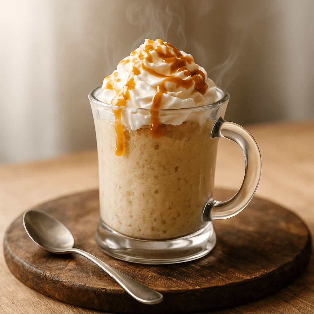 Served tres leches mug cake with whipped cream and caramel