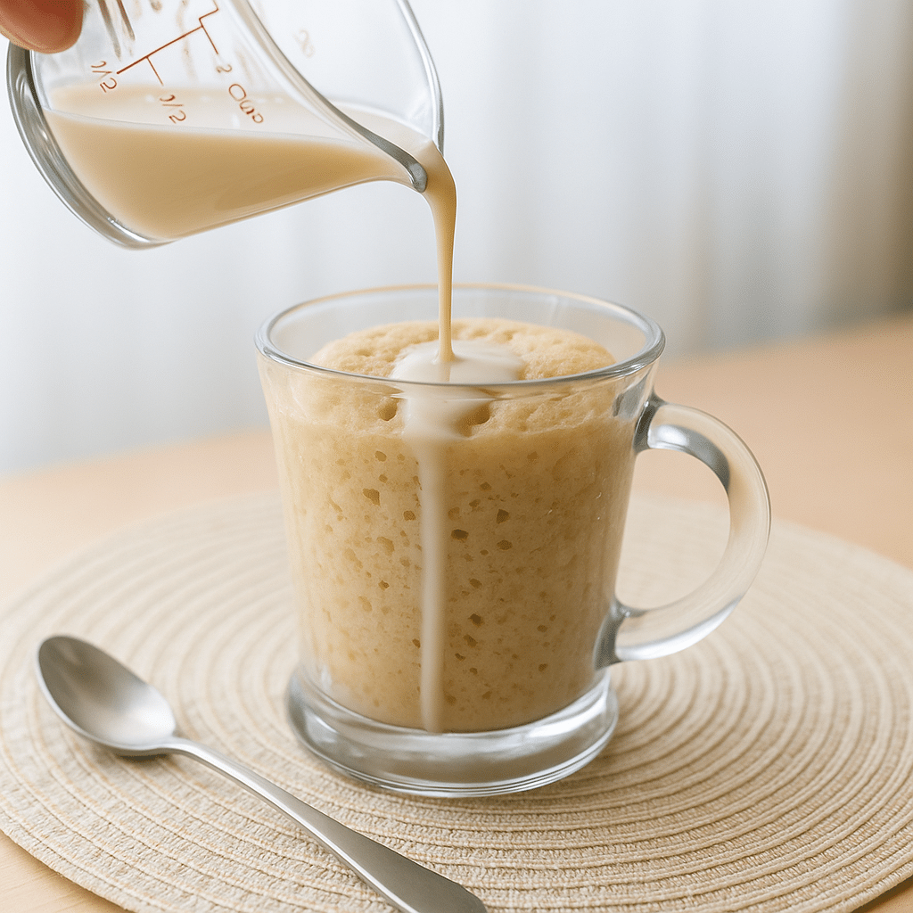Milk soak being poured over cooked mug cake
