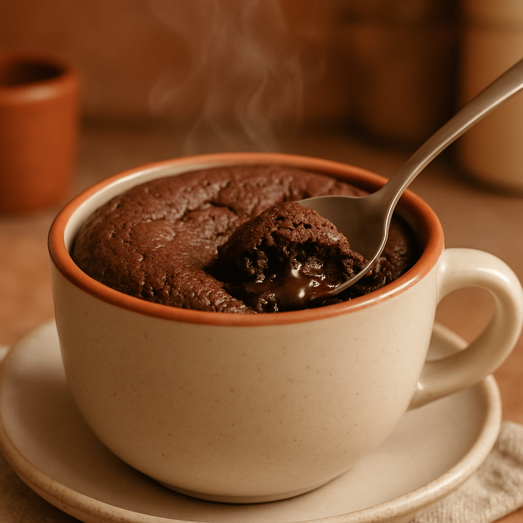 vegan mug cake in a cozy ceramic mug