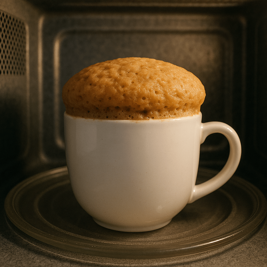 vegan mug cake rising in microwave