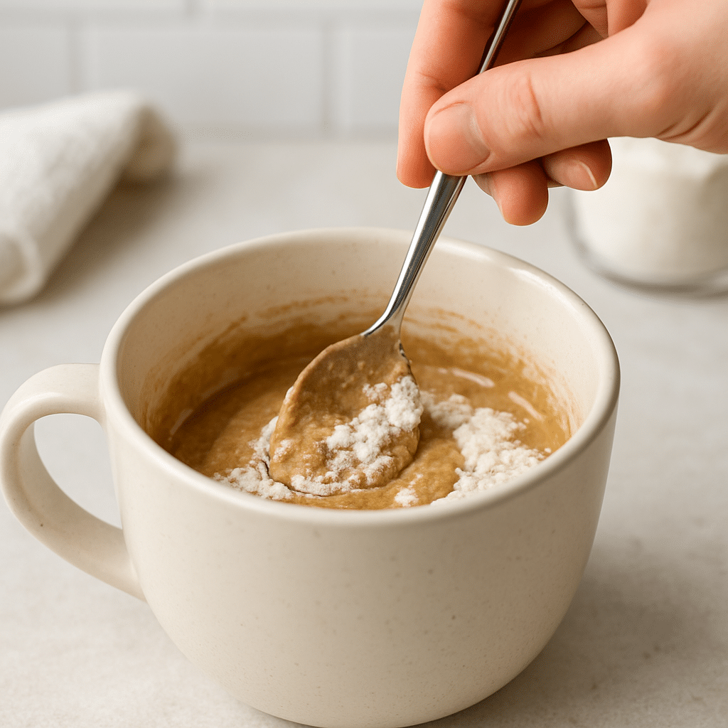 mixing vegan mug cake batter in a mug