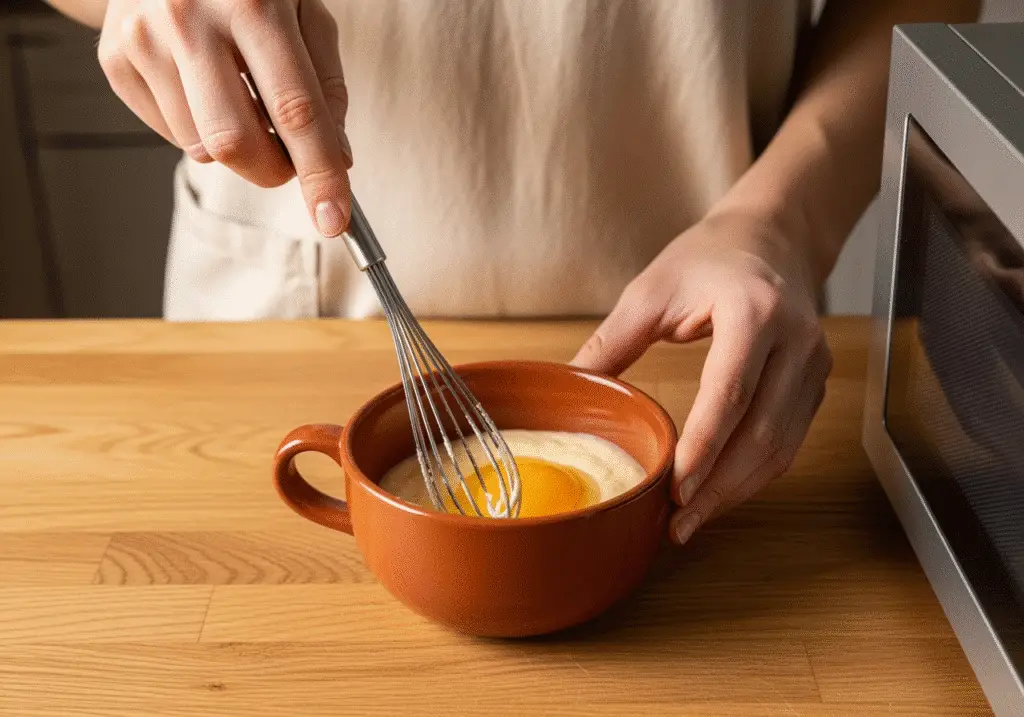 Mixing 3 ingredient protein mug cake vanilla batter in ceramic mug