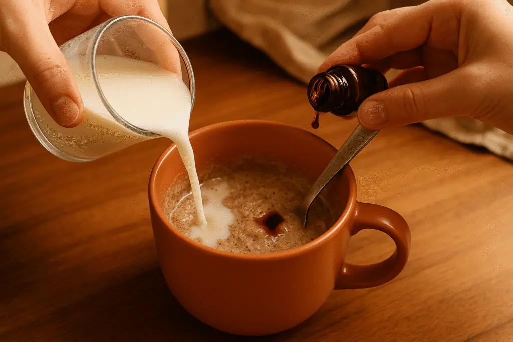 Adding wet ingredients to 90-second mug cake batter in ceramic mug