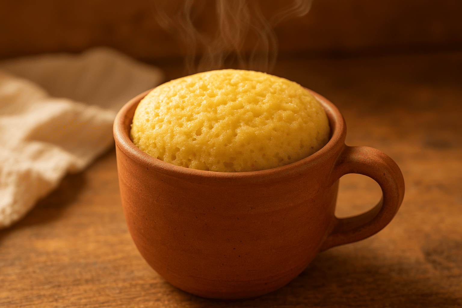 Perfect 90-second mug cake with golden fluffy texture in ceramic mug