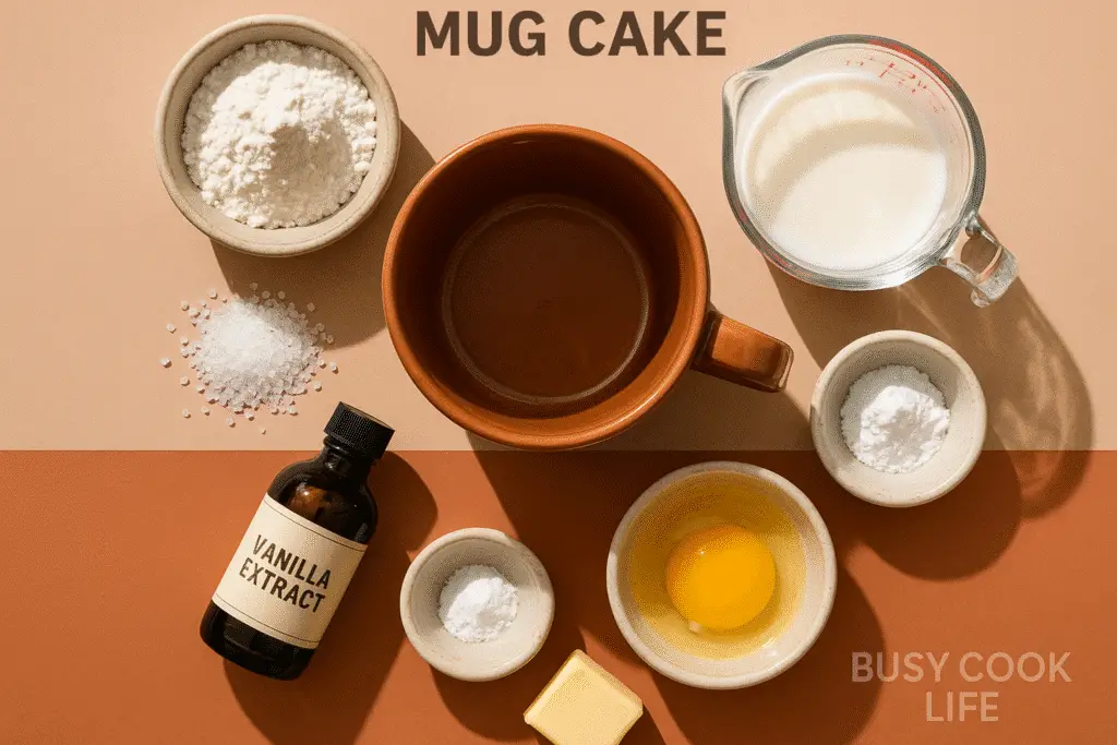 Essential ingredients for 90-second mug cake recipe laid out beautifully