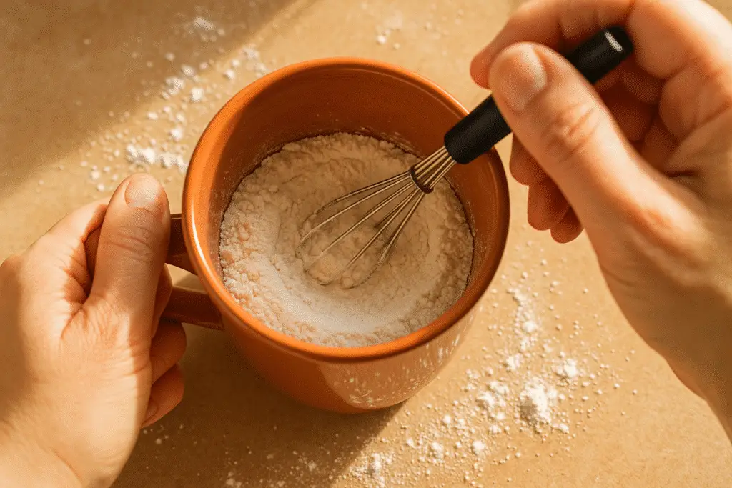 Mixing dry ingredients in mug for 90-second mug cake preparation step