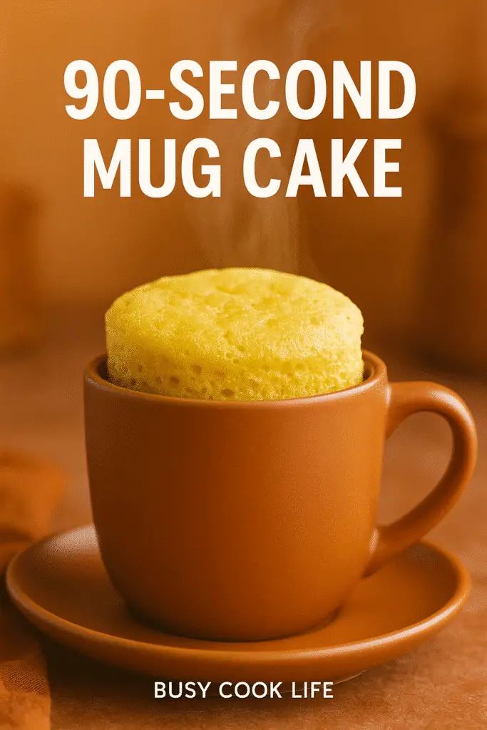 Pinterest pin featuring quick 90-second mug cake recipe with text overlay