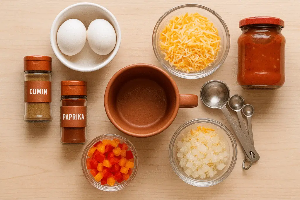 Burrito mug recipe ingredients including eggs, cheese, vegetables, and spices laid out for preparation
