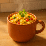Finished burrito mug recipe with scrambled eggs, cheese, and vegetables in ceramic mug
