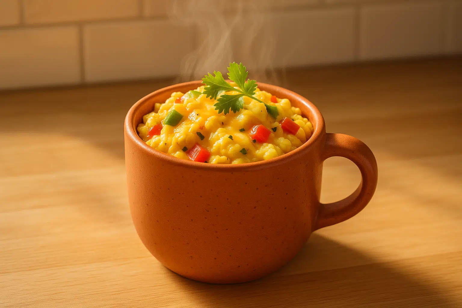 Finished burrito mug recipe with scrambled eggs, cheese, and vegetables in ceramic mug