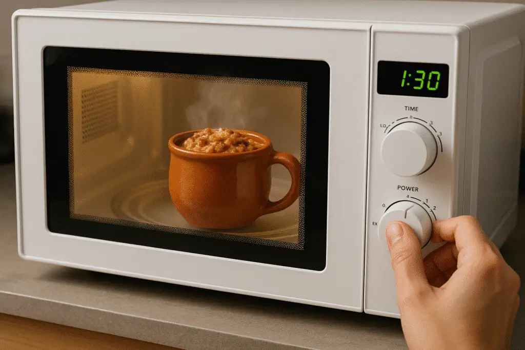 Burrito mug cooking in microwave during step 2 of the recipe process