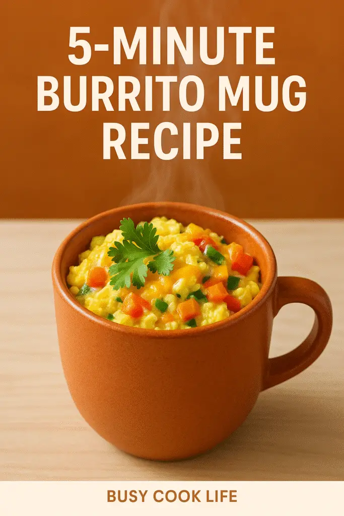 Pinterest-optimized burrito mug recipe image with bold text overlay for social sharing