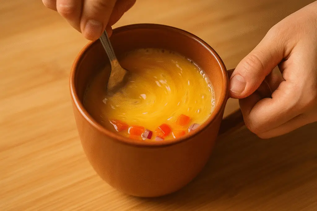 Whisking eggs and vegetables together in mug for burrito mug recipe step 1