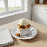 featured butterscotch mug cake with ice cream and spoon on white plate