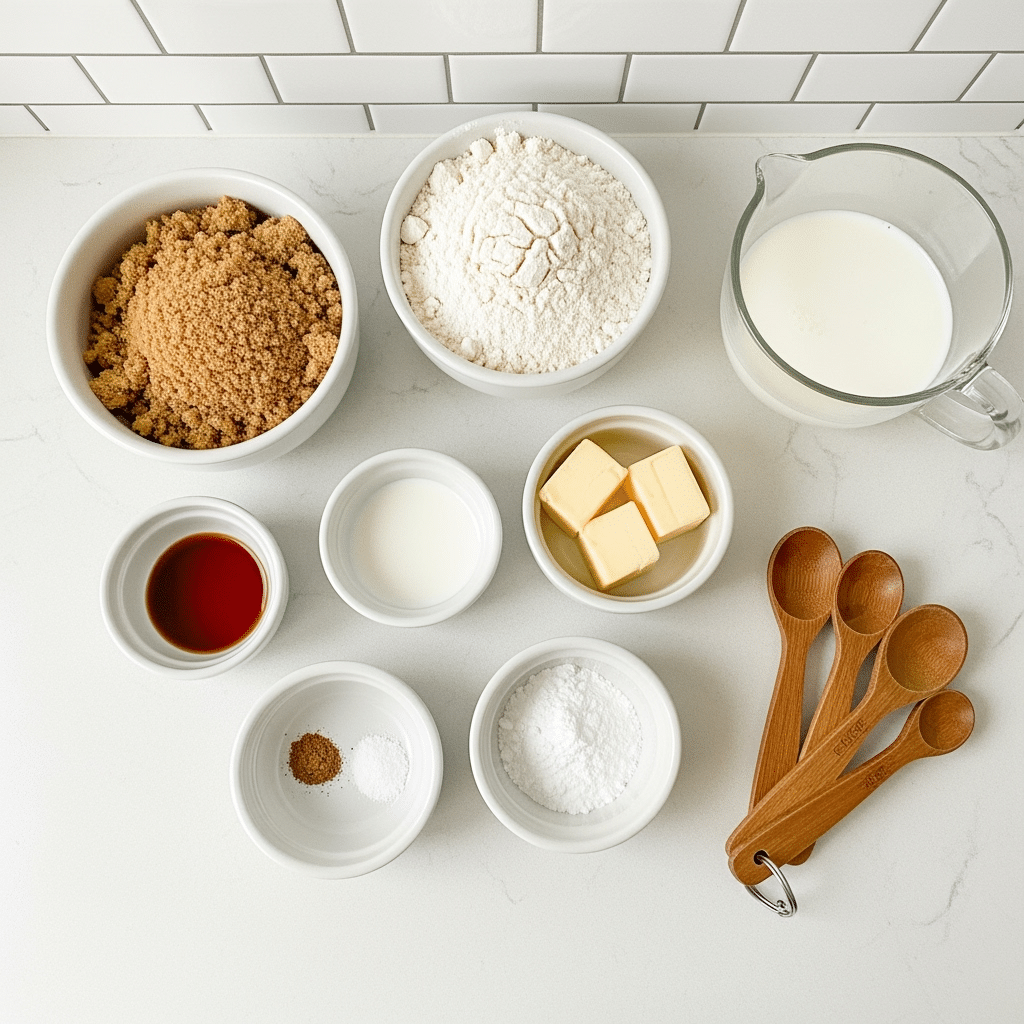 ingredients for butterscotch mug cake displayed in small bowls on white counter