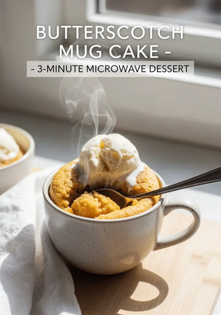 Pinterest image of butterscotch mug cake with spoon and overlay text