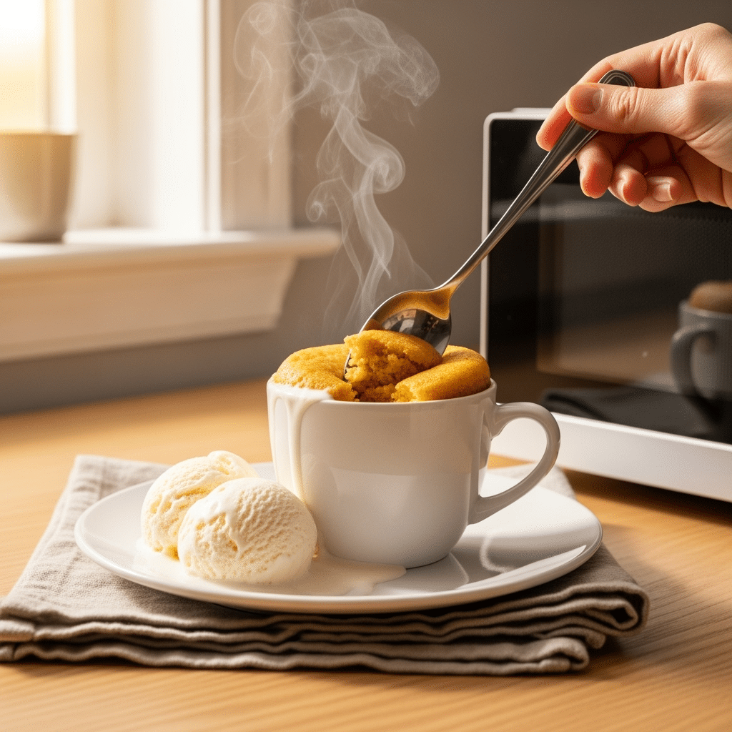 butterscotch mug cake served with melting ice cream and spoon