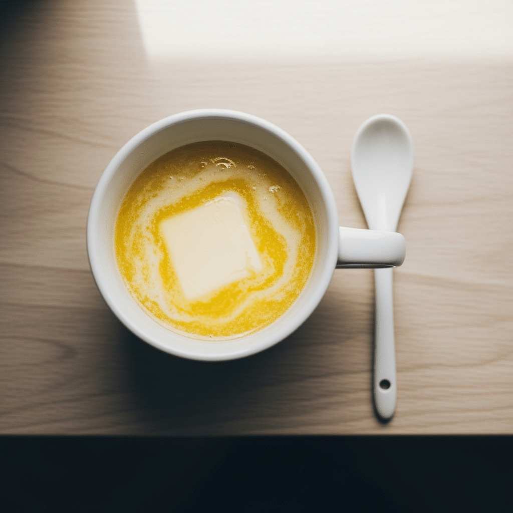 melted butter in white mug on light wooden counter
