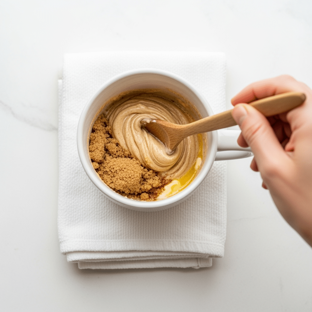 stirring brown sugar and vanilla into melted butter in mug
