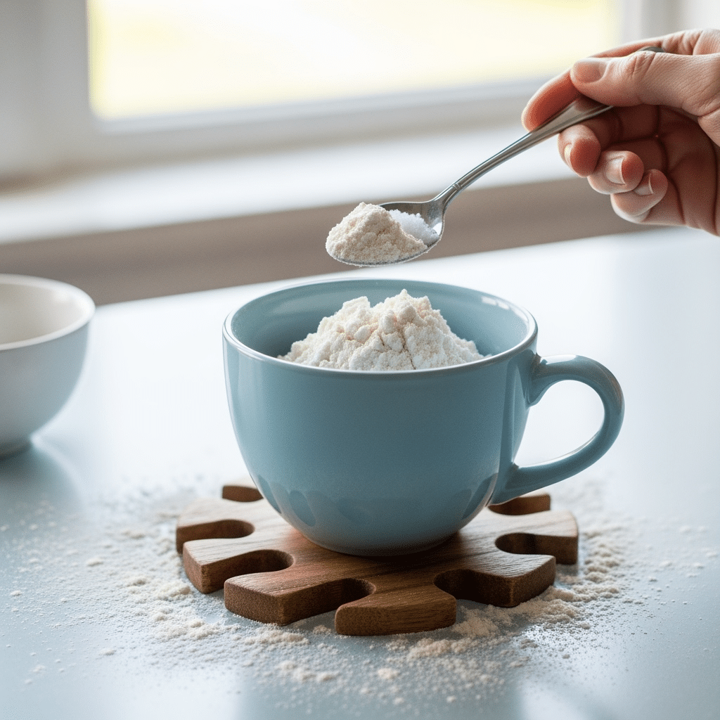 adding dry ingredients into mug with butter mixture