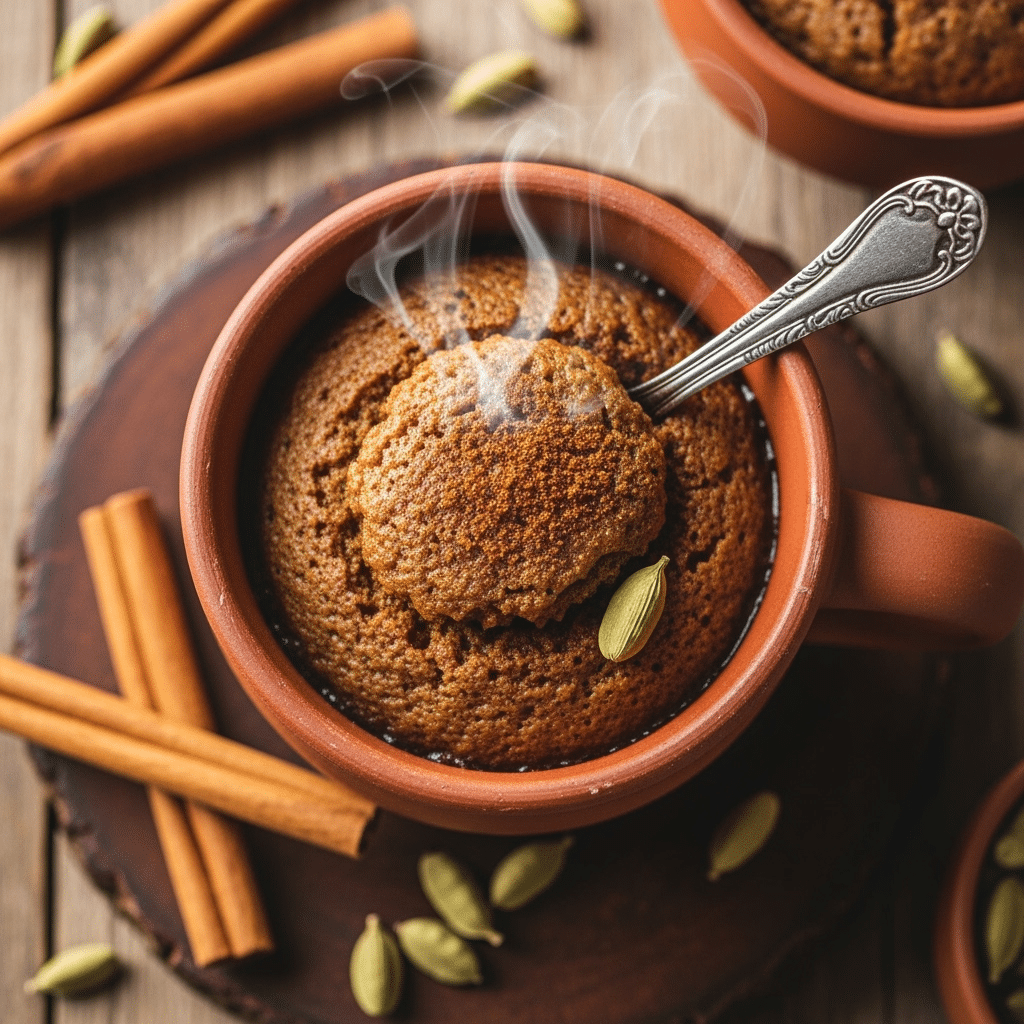 Chai spice mug cake with warm spices and steam