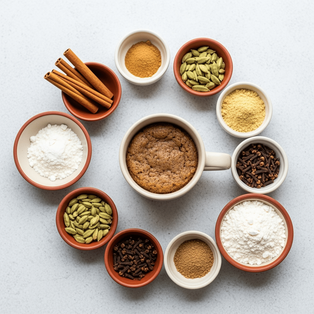 Chai spice mug cake ingredients with cinnamon ginger cardamom