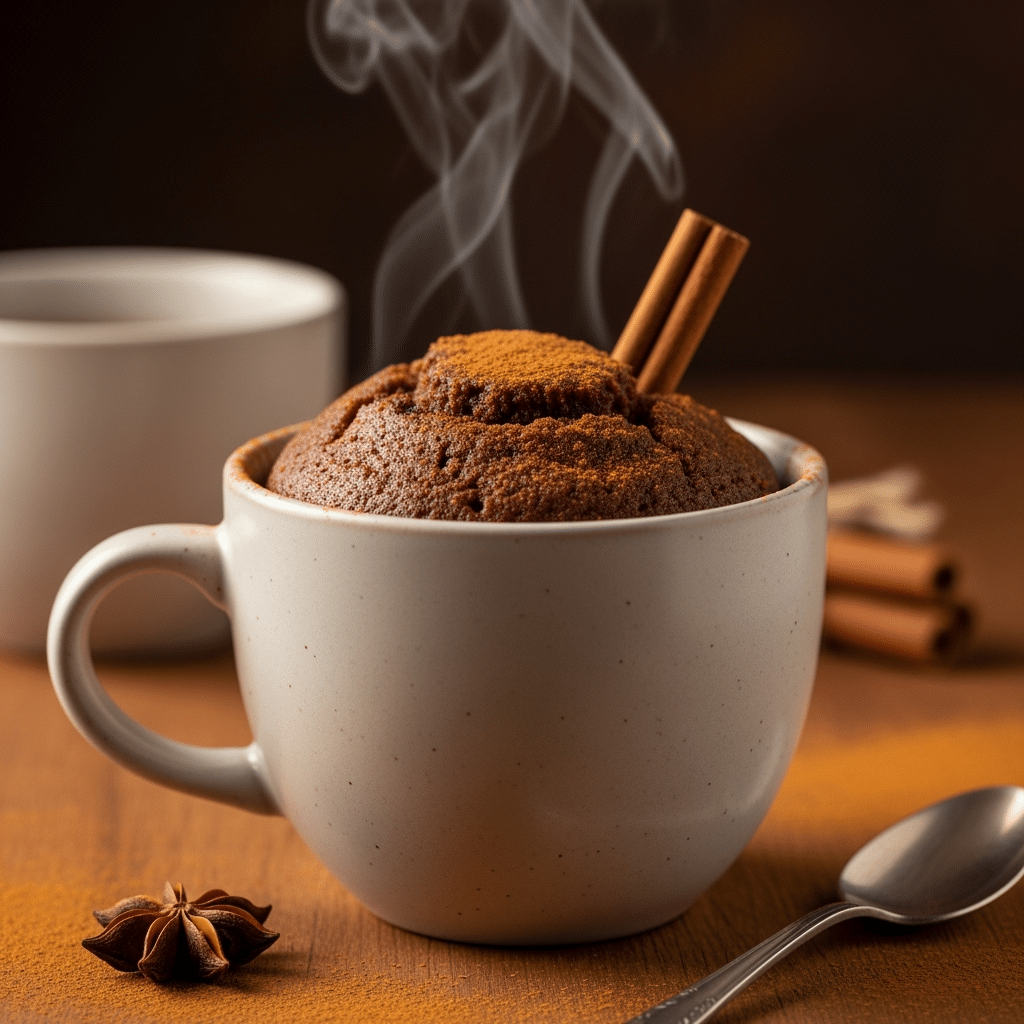Finished chai spice mug cake with cinnamon garnish