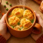 Chicken pot pie in a mug with golden biscuit topping and steam rising