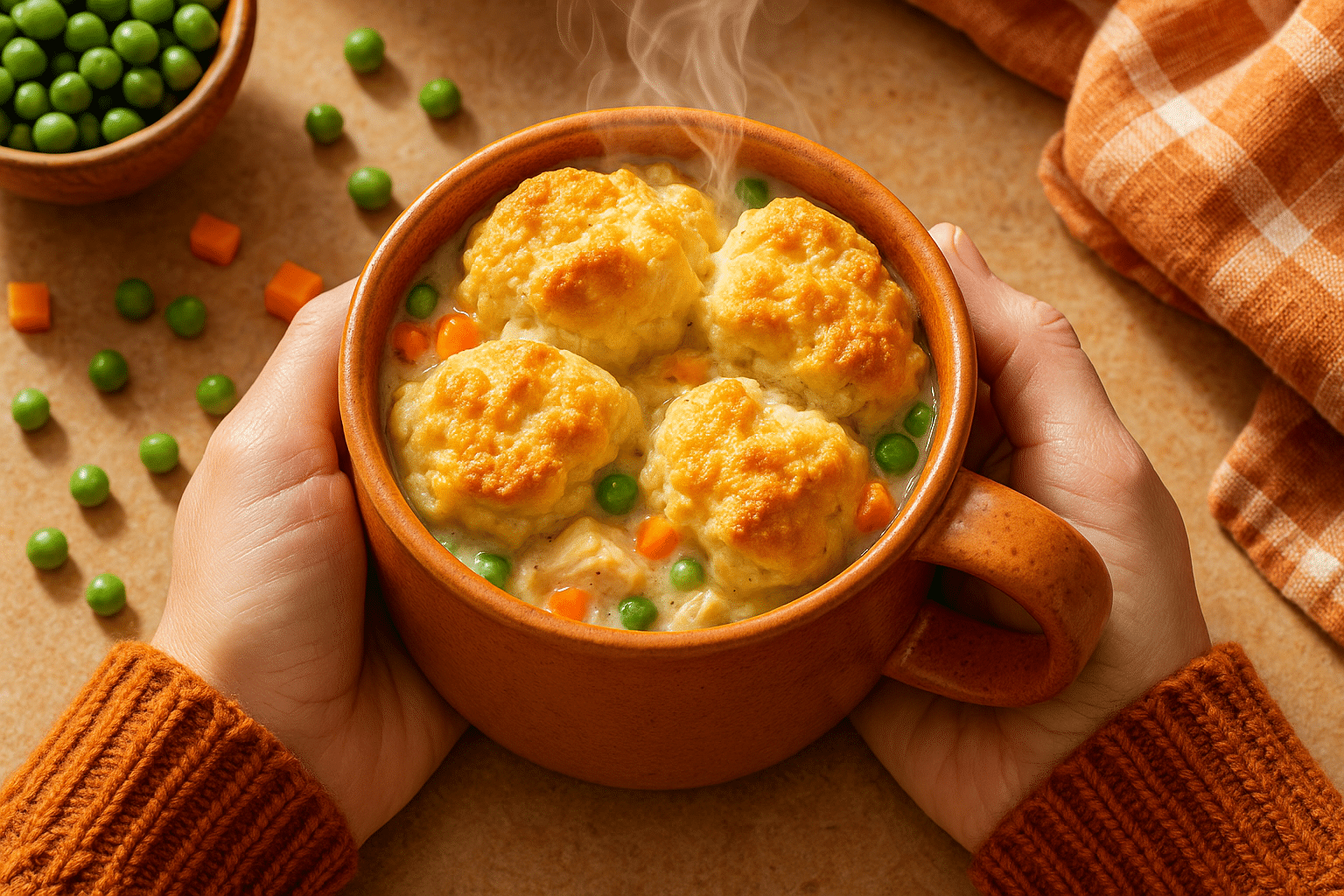 Chicken pot pie in a mug with golden biscuit topping and steam rising