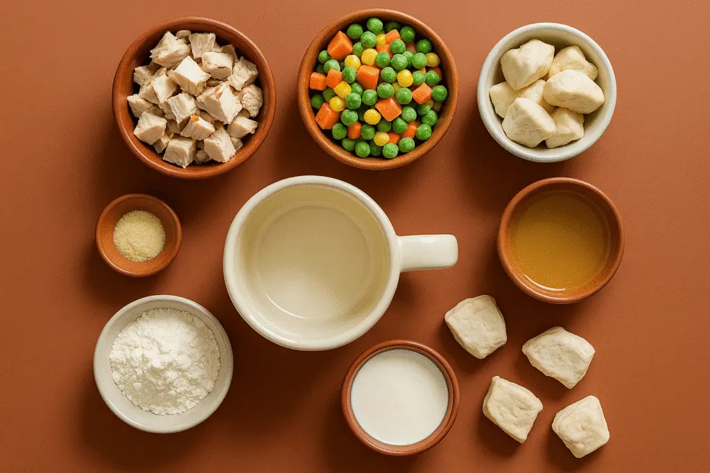 Chicken pot pie in a mug ingredients laid out including diced chicken and vegetables